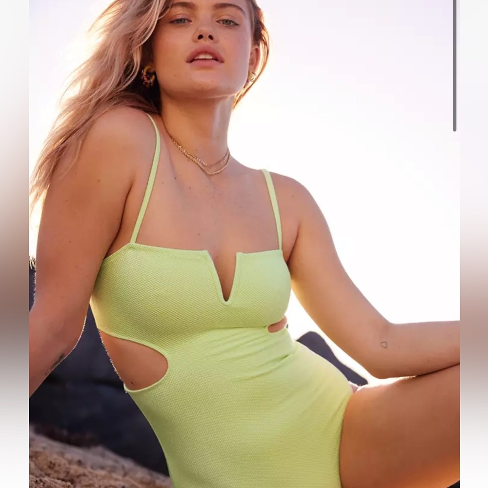 aerie Shine Pique V-Wire One-Piece Swimsuit in Bright Green